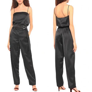 CEDRIC CHARLIER Designer Jumpsuit Black Satin Belted Strapless One Piece 8 NWT